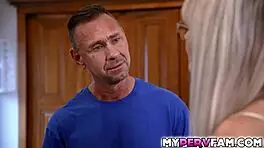 Katee gets impressed and pleased when stepdad pulls out huge cock for blowjob and handjob.