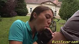 european teen gets assfucked outdoors before blowjob, what a wild scene!