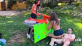 a bookish outdoor freeuse threesome with teen 18+s in uniform - freeusefetish