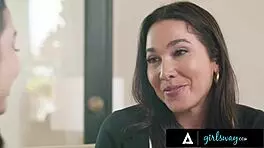 Petite Avery Black offers shaved pussy to caring dispatcher Karlee Grey for lesbian fingering and muff diving.