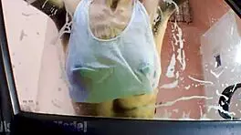 Very hairy latina babe flashing wet pussy at carwash 😏