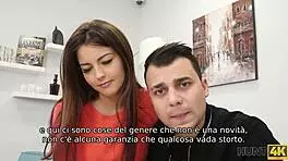 Shaved pussy penetrated hard in front of boyfriend.