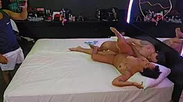 wife moans loudly on husband's friend's big cock while cuckolds watch