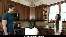 Milf rewarding young guy with hard fuck in kitchen