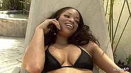 Brown girl with big saggy tits and huge clit caught by big dick black friend and get creampie fuck