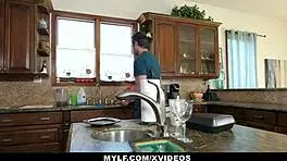 Milf rewarding young guy with hard fuck in kitchen