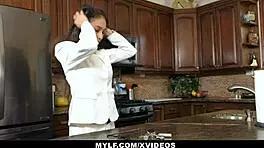 Milf rewarding young guy with hard fuck in kitchen