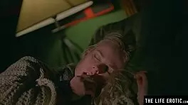 Stunning petite blonde with small tits drenched in sweat during her intense close-up solo workout with socks