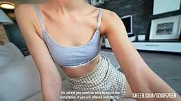 Brunette in mini skirt trades cum-filled pussy for walk