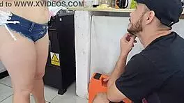 Married Brazilian housewife in tight jean shorts gets banged by the plumber in the kitchen.