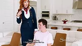 Redhead milf Lauren Phillips in flight attendant roleplay with young Josh Rivers, leading to intense fucking and big tits action