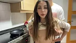 cute teen got fucked fast in kitchen, surprised how quick guy creampies 😏