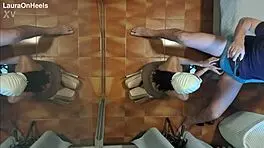 Can you believe this MILF in pantyhose giving blowjob on knees, swallowing cum?