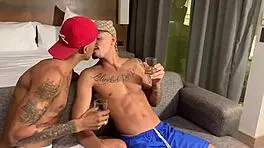 Skinny Brazilian girl dances in motel, gets oiled by muscular bodybuilder