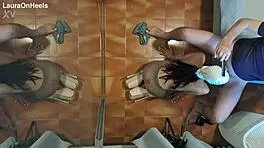 Can you believe this MILF in pantyhose giving blowjob on knees, swallowing cum?