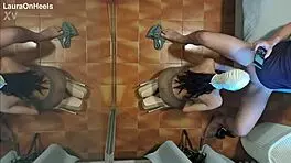 Can you believe this MILF in pantyhose giving blowjob on knees, swallowing cum?