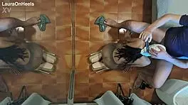 Can you believe this MILF in pantyhose giving blowjob on knees, swallowing cum?