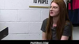 Redhead shoplifter fucks loss prevention officer to escape