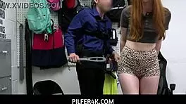 Redhead shoplifter fucks loss prevention officer to escape