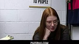 Redhead shoplifter fucks loss prevention officer to escape