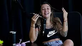 safada performs sensual stripper show revealing breasts after denying transsexual suggestion and recalling virginity loss