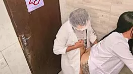 doctor and nurse can't resist and fuck in the hospital bathroom during the shift
