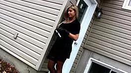 Blonde Teen Girlfriend Teases Smoking Outdoors in Provocative Lingerie Stockings Heels