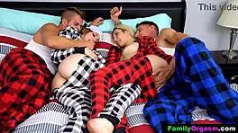 Depraved men lie down in bed