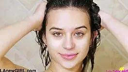 teen brunette model enjoys a relaxing shower