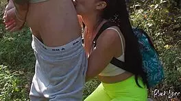 Forest quickie for horny booty teen hiker outdoor blowjob doggy and cum on ass