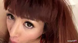 Tall redhead japanese give intense femdom blowjob to boy and swallow his load in uncensored japan porn