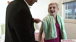 Blonde petite babysitter masturbates, then ass fucked hard by boss with big cock in bedroom 😈