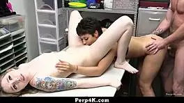 Officer catches teen in office threesome, fucks her bent over desk