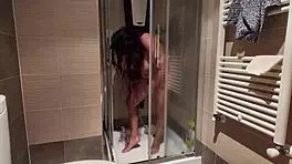 feeling so wet, big breasted milf shaves her hairy pussy in the shower