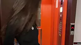 Risky public anal encounter in elevator with pov blowjob and cum on ass