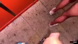 Risky public anal encounter in elevator with pov blowjob and cum on ass