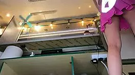 Hey, check out this 18 yo hot bitch working without bra or panties at the summer festival! 😏