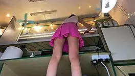 Hey, check out this 18 yo hot bitch working without bra or panties at the summer festival! 😏