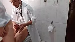 Nurse interacts with doctor in hospital bathroom