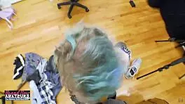 blue haired exotic coed raven masturbates and deepthroats hard cock