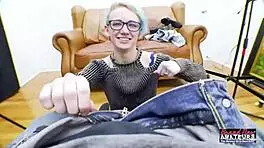 blue haired exotic coed raven masturbates and deepthroats hard cock