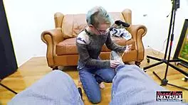 blue haired exotic coed raven masturbates and deepthroats hard cock