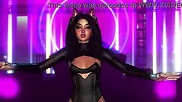 Exotic fluffy cat girl in tight bodysuit dancing alone in night club