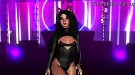 Exotic fluffy cat girl in tight bodysuit dancing alone in night club