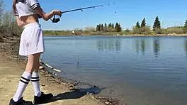 Young Angler Girl Went To Fish After School, Wearing Uniform, Underwear, Fishnets, Socks, Skirt, Miniskirt In Forest
