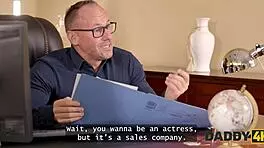 naughty blonde showing her big experience at the job interview with seduction and casting