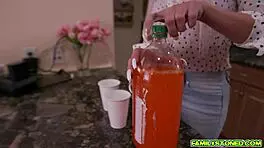 Stepson gets his cock sucked by girlfriend and stepmom on the sofa