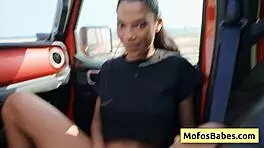 Sexy ebony girl rubs her clit and shows big boobs in car, eden west says