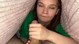 Young brunette climbs under blanket for deep blowjob in bedroom 😊