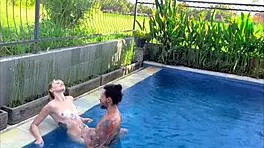 Blonde's poolside blowjob temptation